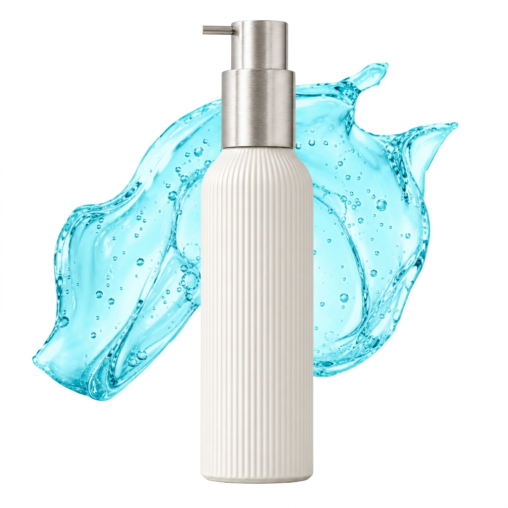 Unbranded cosmetic serum bottle surrounded by a gel specimen